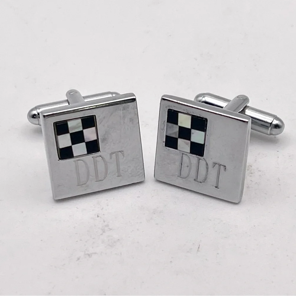 Silver Cufflinks With Mother of Pearl and Onyx Checkered Flag DDT Engraving